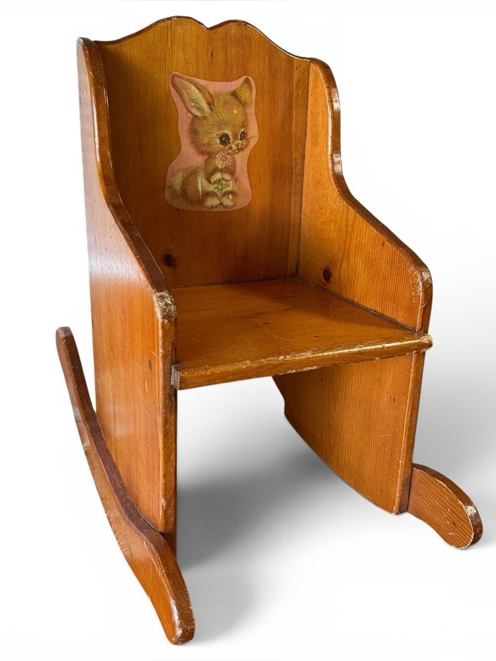 Vintage Solid Wood Toddler Child Rocking Chair With Bunny Decal